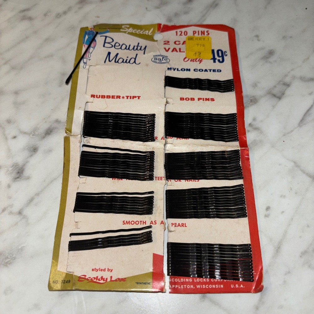 Vintage Beauty Maid Scoldy Lox Bob Pins Black Nylon Coated Rubber Tipt No 7249